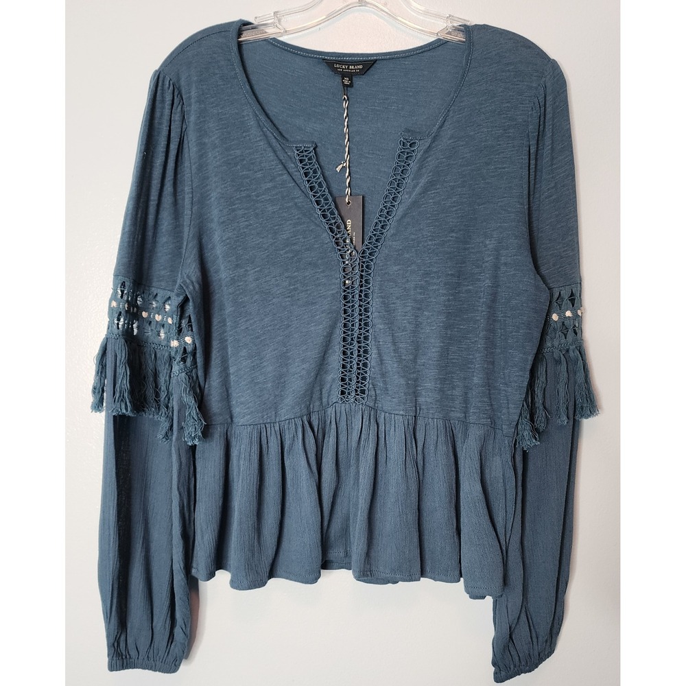 Lucky Brand Peplum Top Womens XS Blue NEW Boho Crochet Fringe Tassel Long Sleeve